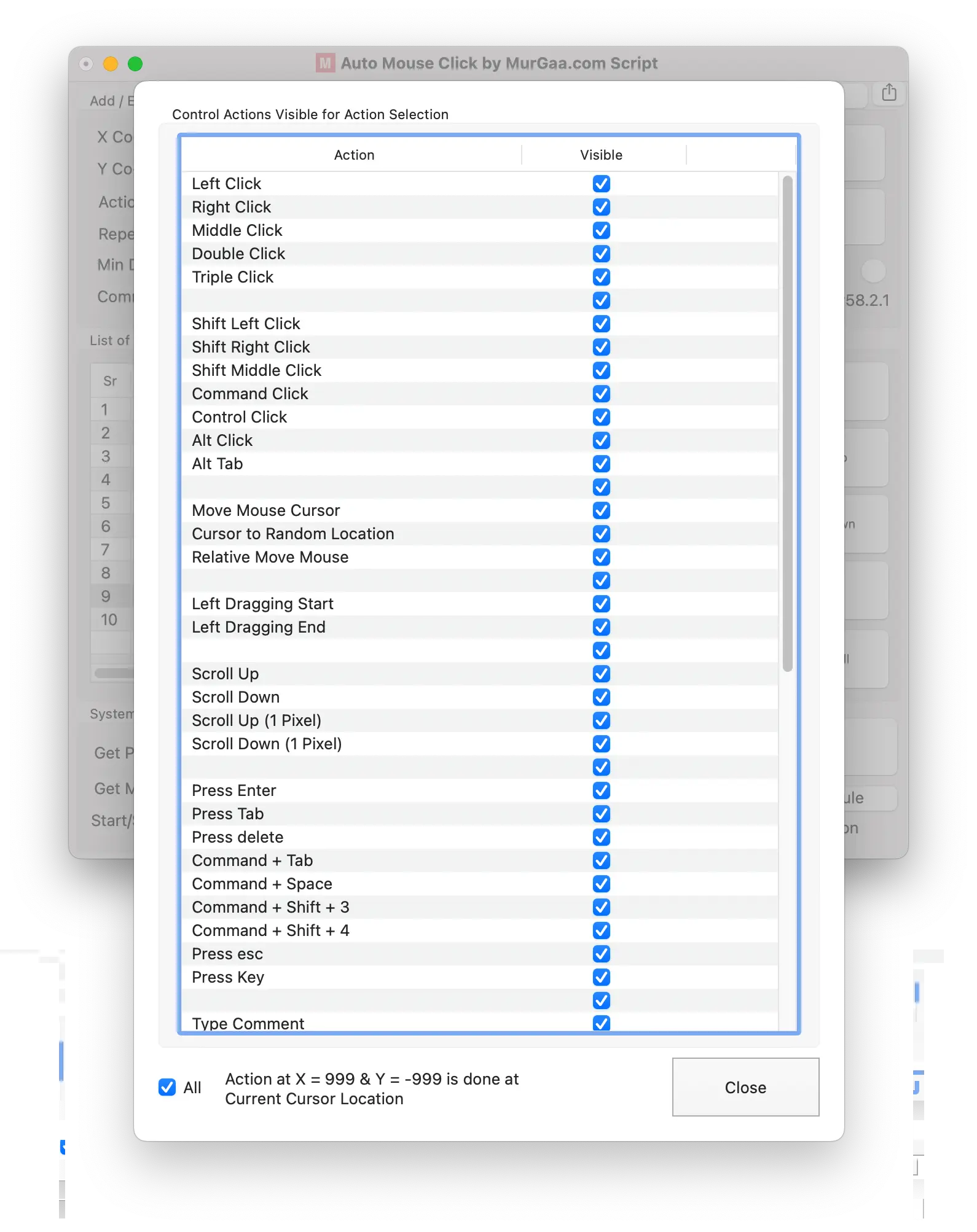 Screenshot of Configurable List of Actions available for Selection and usage